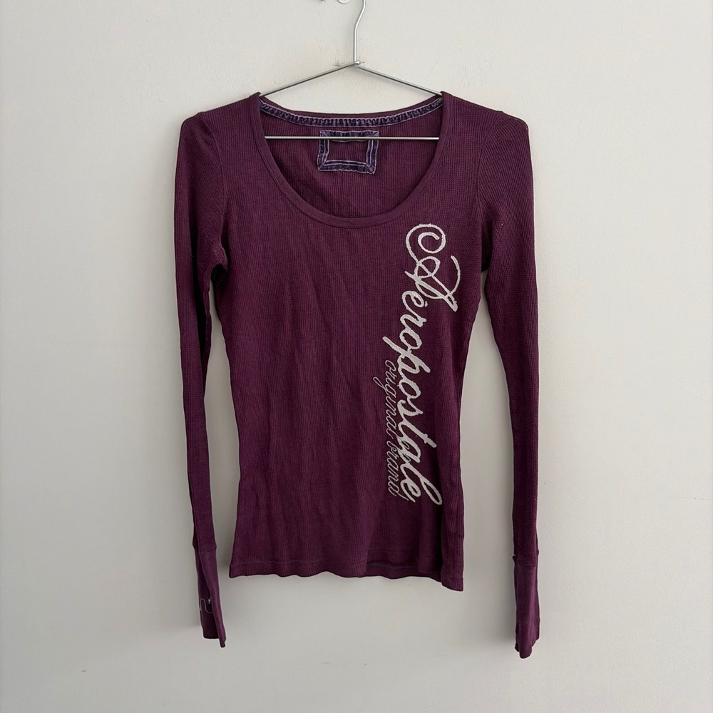 Aeropostale Womens Long Sleeve Thermal Waffle Knit Shirt Purple Graphic Y2K
